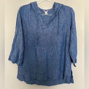 L.L. Bean 100% Linen Lightweight V Neck Hoodie Size Small Blue